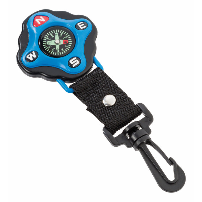 The Outdoor Discovery Clip On Compass by Outdoor Discovery is a compact blue and black keychain with carabiner clip, black strap, and cardinal direction labels—ideal for kids' navigation during outdoor adventures.
