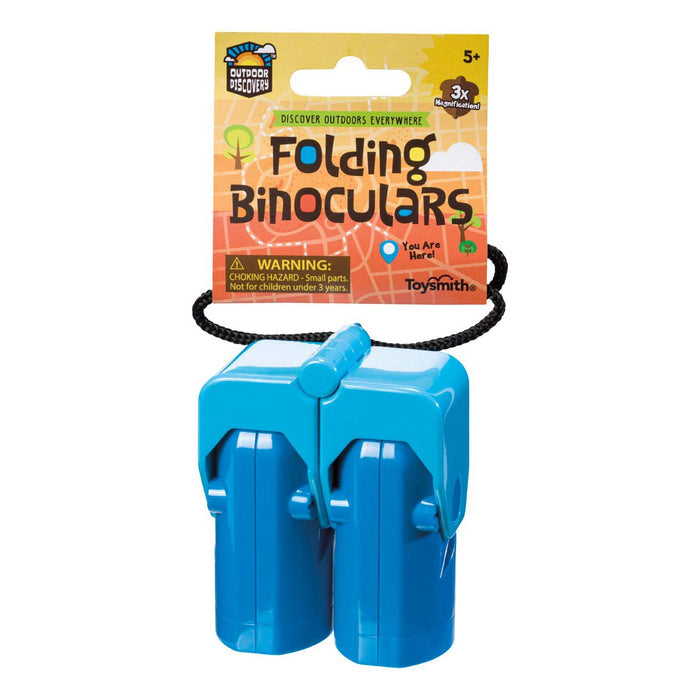 The Outdoor Discovery Folding Binocular by Outdoor Discovery is a blue plastic kids' binocular with a black neck cord, ideal for outdoor exploration. Comes with a colorful label reading "Folding Binoculars" and marked for ages 5+.