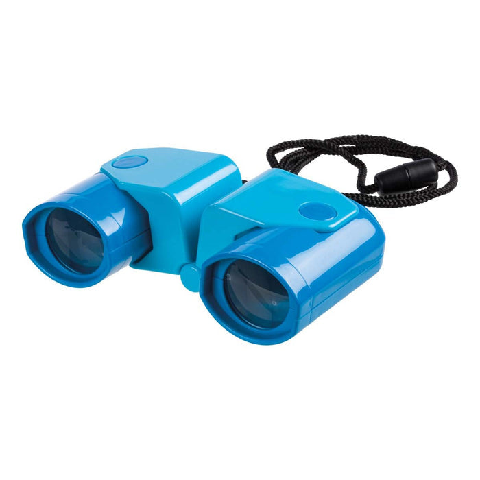 The Outdoor Discovery Folding Binocular for kids features a blue finish and a black neck strap, making it ideal for outdoor exploration. Shown on a white background.