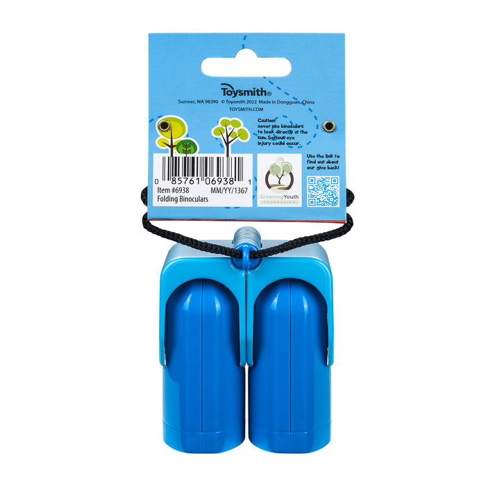 The Outdoor Discovery Folding Binocular by Outdoor Discovery is ideal for kids’ outdoor adventures. It comes in blue, includes a black carrying cord, and is packaged with product info, a barcode, and illustrations showing the binoculars in use.