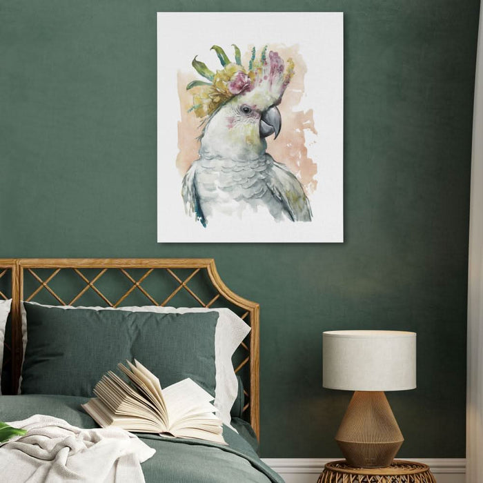 Parrot With Pink Flower - Modern Wall Art in Black Frame