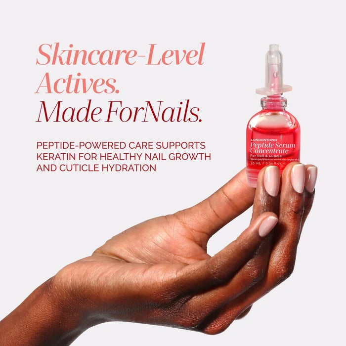 A hand holds a bottle of LONDONTOWN Peptide Gloss Duo next to text about skincare-level nail treatments that support keratin for healthy growth and cuticle hydration.
