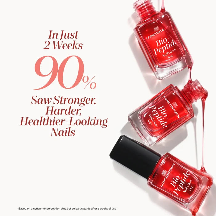 Three bottles of LONDONTOWN Peptide Gloss Duo nail treatment with dripping brushes next to text stating 90% of users saw stronger, healthier-looking nails in two weeks.