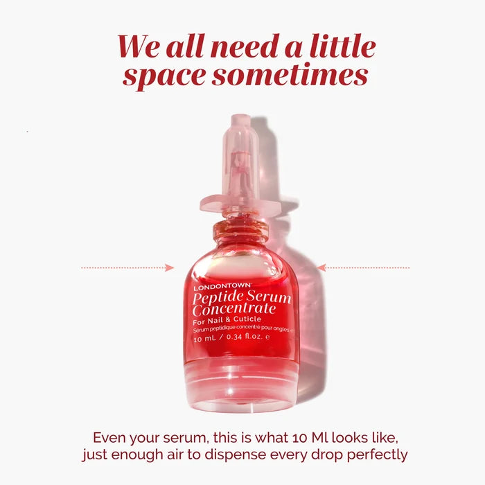 A bottle of award-winning red Peptide Gloss Duo nail and cuticle serum with the text “We all need a little space sometimes” above it and an explanation of the bottle’s air space below it.