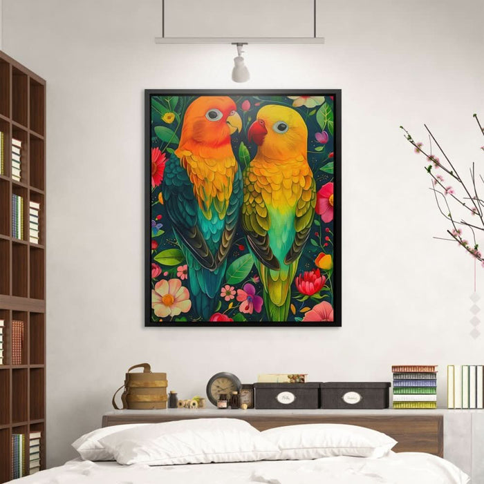 Perched Tropical Birds - Maximalist Green Canvas Wall Art
