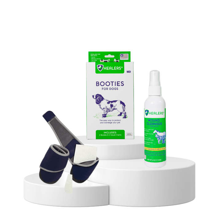 Healers Medical Dog Booties shown with their packaging, indicating they include 2 booties and 2 gauze pads for effective paw protection and bandaging, alongside a bottle of Healers Wound Cleanser for pets, available in Tagum, Davao Region, Philippines.