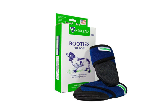 Healers Medical Dog Booties shown with their packaging, indicating they include 2 booties and 2 gauze pads for effective paw protection and bandaging, available in the Philippines.