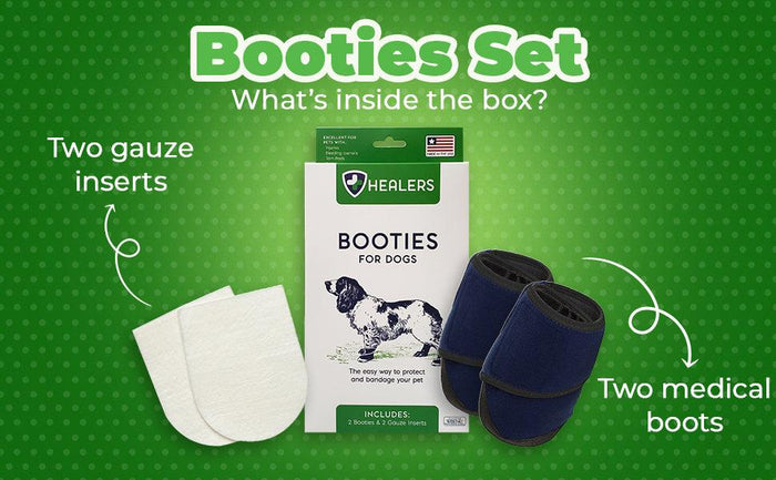 Healers brand Medical Dog Booties Set, showing the two medical boots for paw protection and two gauze inserts for bandaging, for purchase in Tagum, Davao Region, Philippines.