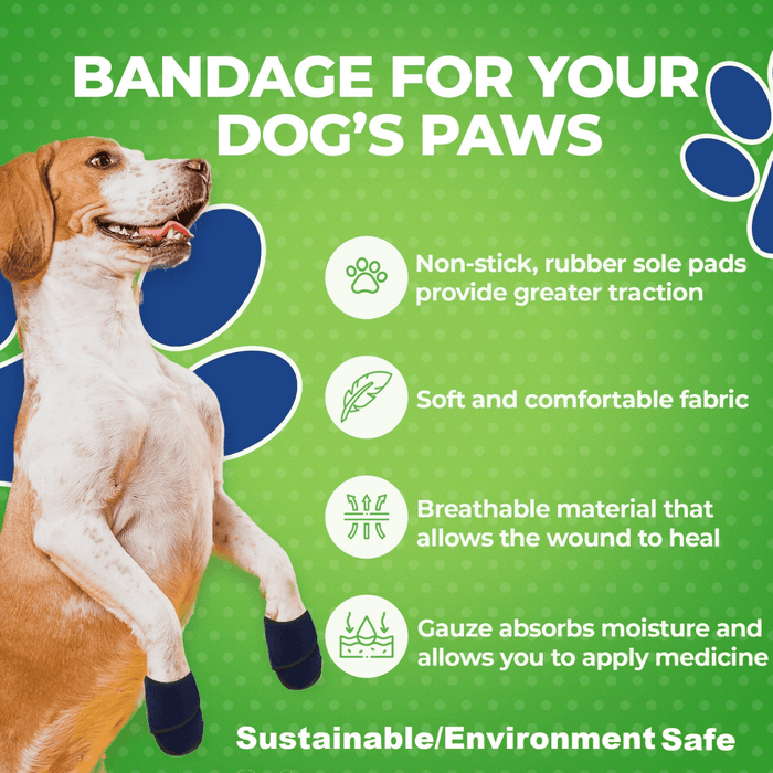 Happy dog wearing blue paw bandages beside product features on green background, highlighting traction, comfort, breathability, moisture absorption, and environmental safety.