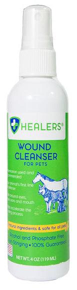 Healers PetCare Wound Cleanser spray bottle for pets featuring alcohol- and phosphate-free formula, labeled safe and gentle for all animals.
