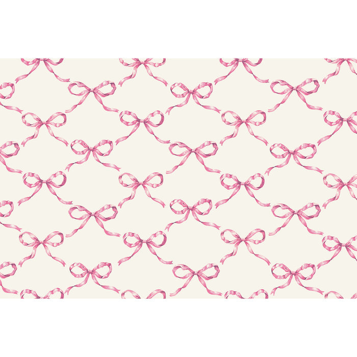 An illustrated lattice pattern made of elegant light pink bows evenly spaced over a white background.