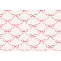 An illustrated lattice pattern made of elegant light pink bows evenly spaced over a white background.