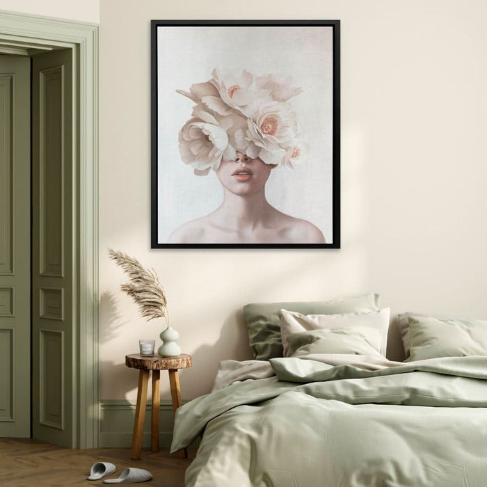 Pink Flower Lady - Feminine Wall Art in Black Frame