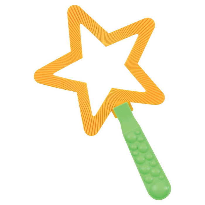The Playground Classics Big Bubble Set features a yellow, star-shaped bubble wand with a textured green handle, ideal for outdoor fun or as part of your collection by Playground Classics. Photographed on a white background.