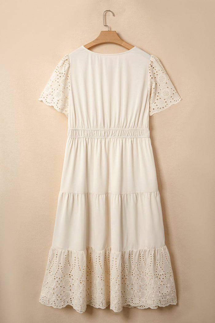 Plus Size Embroidered Eyelet Patchwork V-Neck Maxi Dress