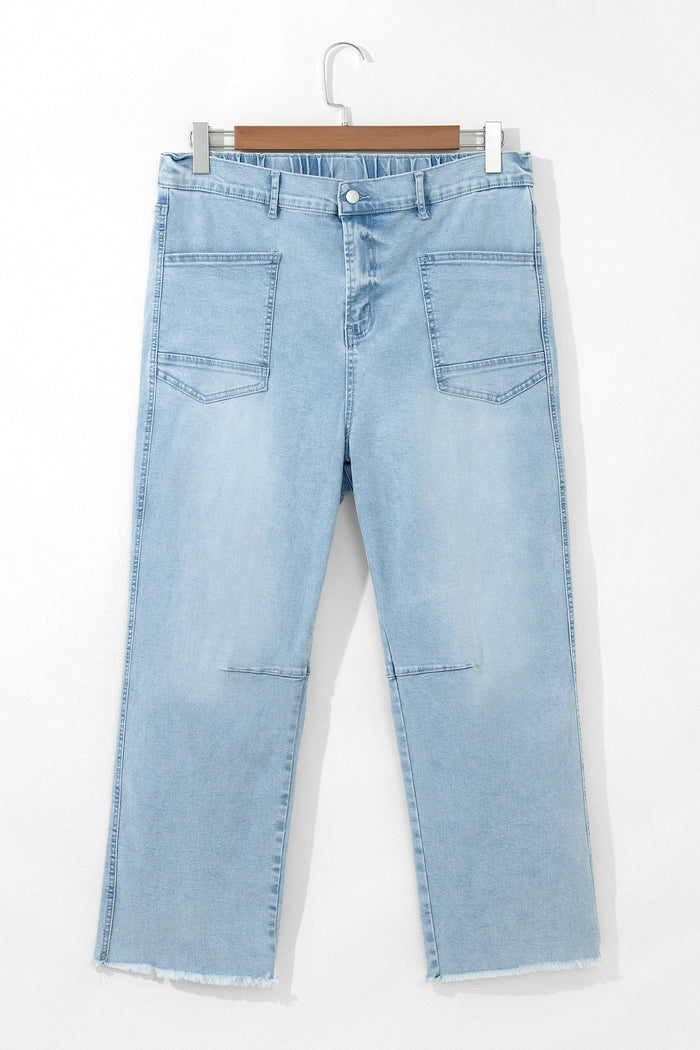 Plus Size Seam Patch Pocket Raw Cut Jeans