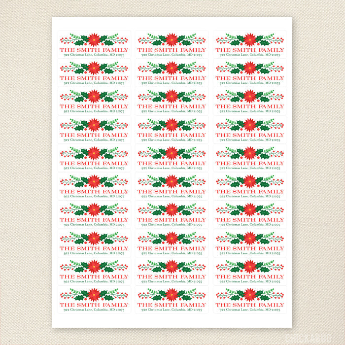 Poinsettia and Holly Christmas Address Labels