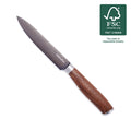 Utility knife with walnut handle, stainless steel blade, and FSC certification logo visible.