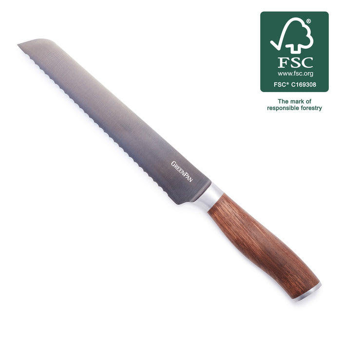 Bread knife with an 8-inch blade, walnut handle, and FSC certification logo in the top right corner.