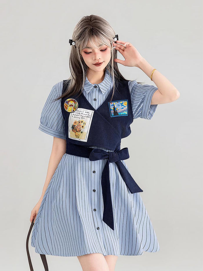 Preppy Corduroy Tie Vest Layered Shirt Dress | ZAKAPOP