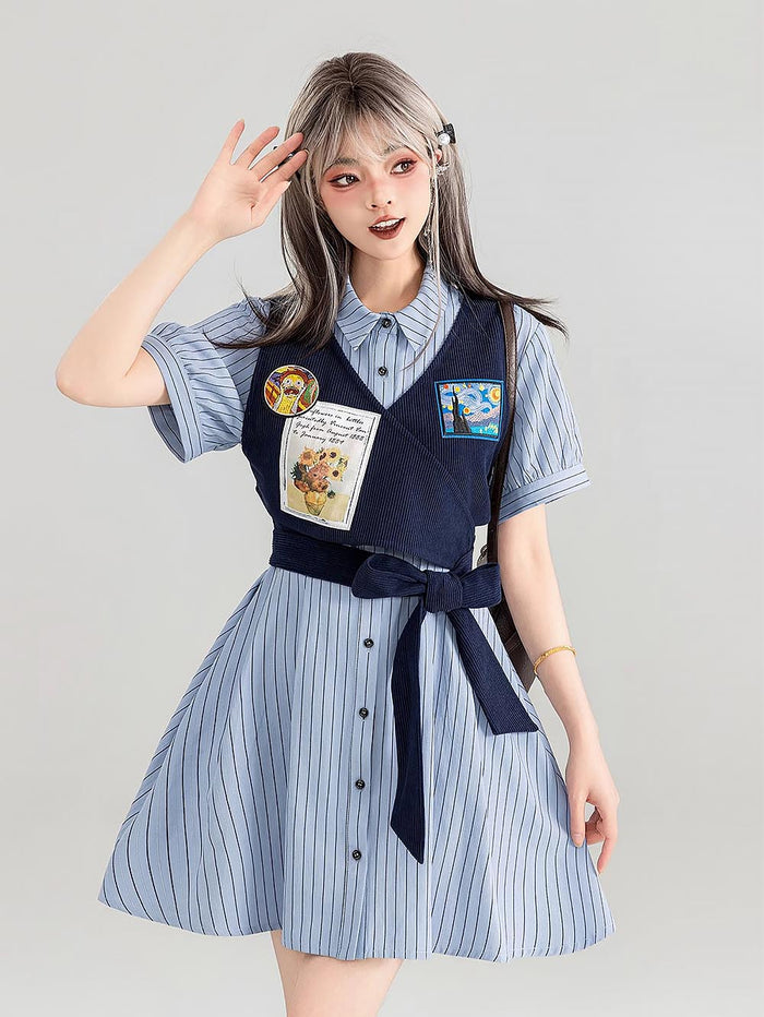 Preppy Corduroy Tie Vest Layered Shirt Dress | ZAKAPOP
