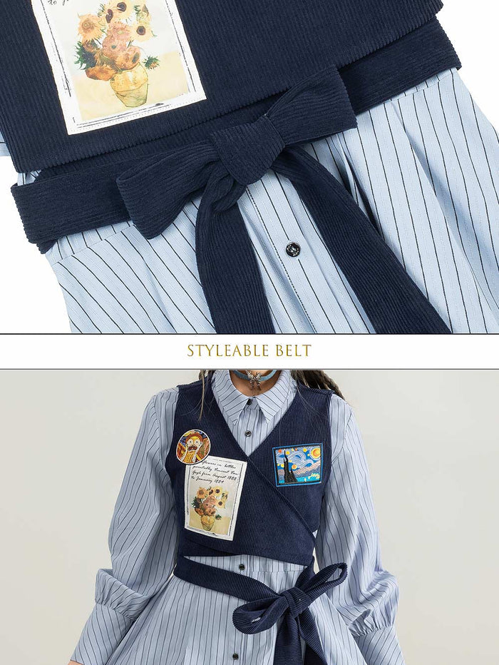 Preppy Corduroy Tie Vest Layered Shirt Dress | ZAKAPOP