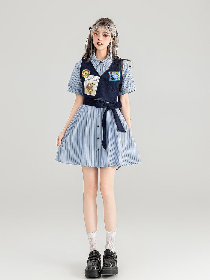Preppy Corduroy Tie Vest Layered Shirt Dress | ZAKAPOP