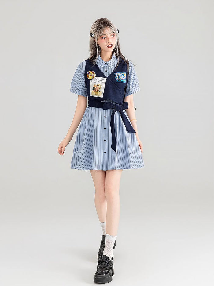 Preppy Corduroy Tie Vest Layered Shirt Dress | ZAKAPOP