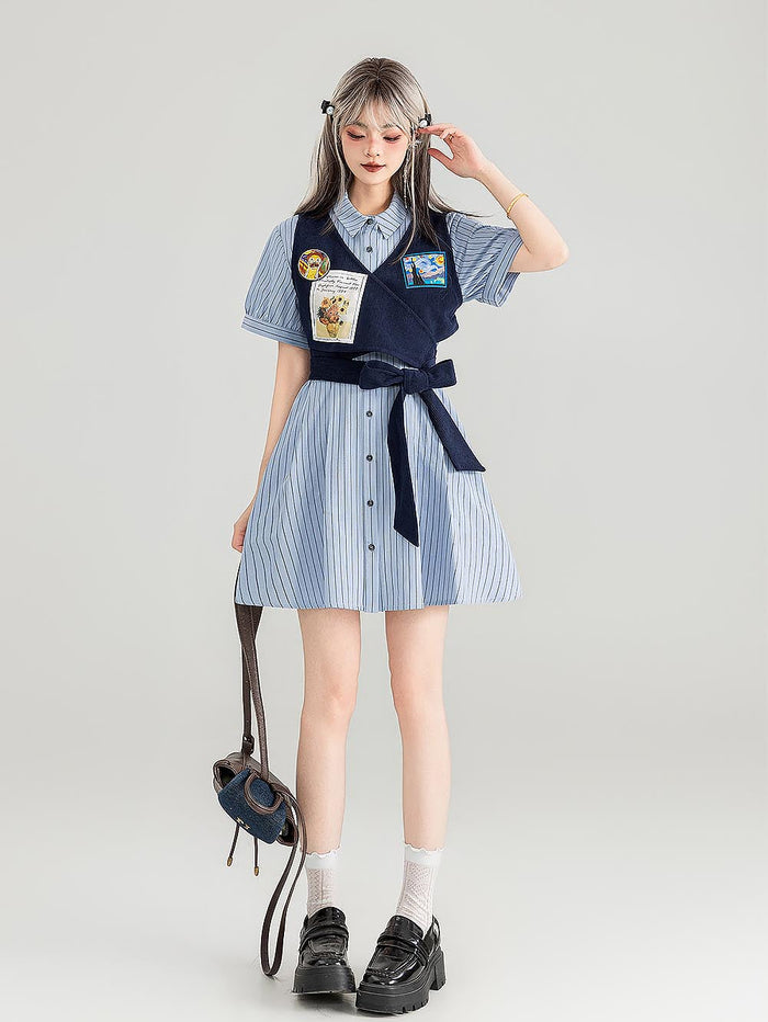 Preppy Corduroy Tie Vest Layered Shirt Dress | ZAKAPOP