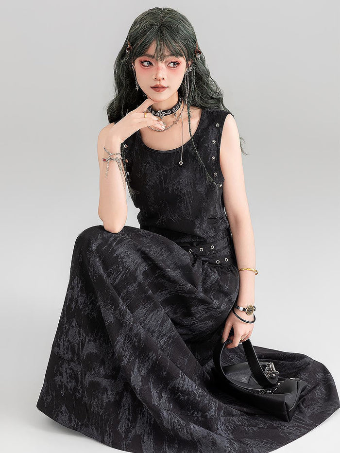 [Presale for 7 days] Gothic Tie-Dye Studded Lace-Up Sleeveless Long Dress | ZAKAPOP