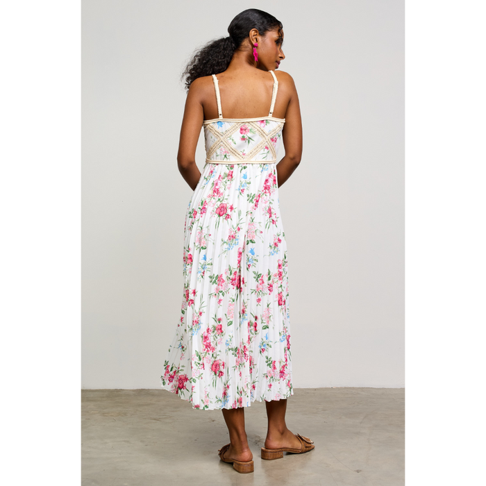 Printed Crochet Patch Pleated Dress