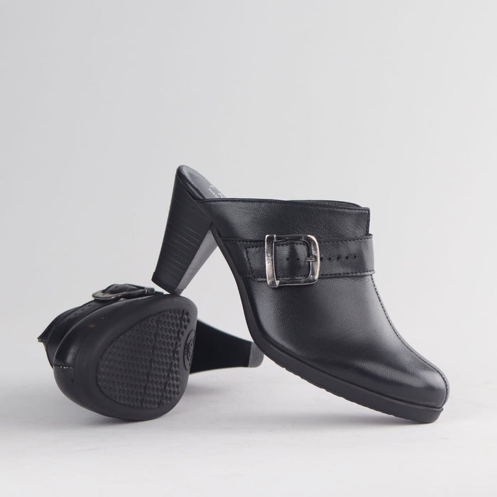 Froggie 13048 black leather women’s push-in heeled mule with open back, comfortable fit and elegant everyday wear style.