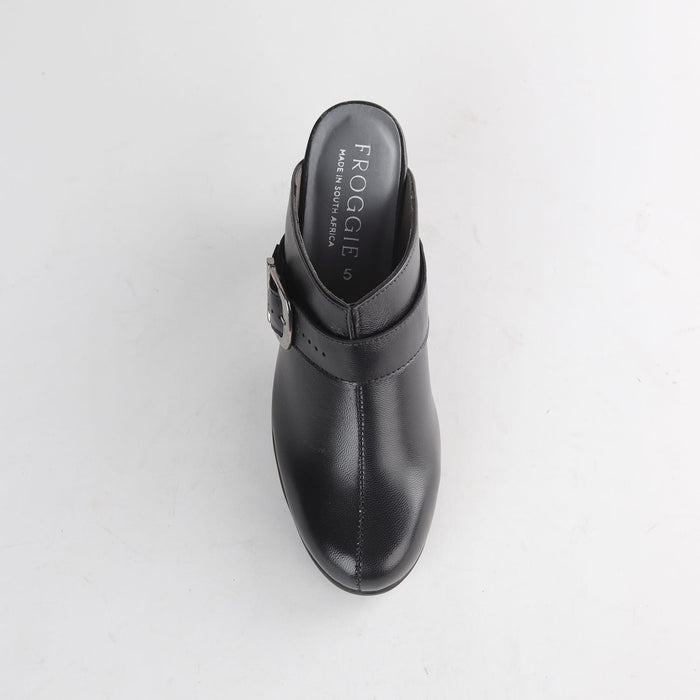 Women’s Froggie Heeled Mule 13048 in black leather with easy slip-on construction, supportive heel and versatile fashion design.