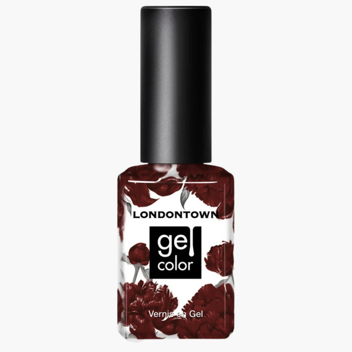 A bottle of LONDONTOWN Red Velvet gel color nail polish in a deep burgundy shade, featuring a black cap and a floral design on the label.