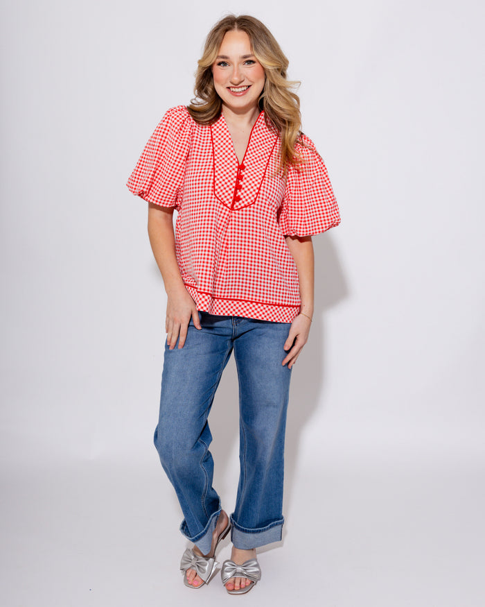 Refined Red Gingham Puff Sleeve Top