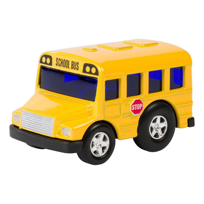 The Rollin' Mini School Bus by Rollin' is a small yellow die-cast school bus with black wheels, blue-tinted windows, a stop sign on the side, and "SCHOOL BUS" above the windshield—great for any vehicle collection.
