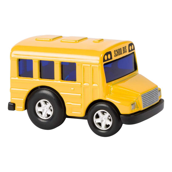 A compact, yellow Rollin' Mini School Bus by Rollin' features black-tinted windows, shiny silver wheels, and "SCHOOL BUS" above the windshield—a standout for any vehicle collection, shown from the front-right angle.