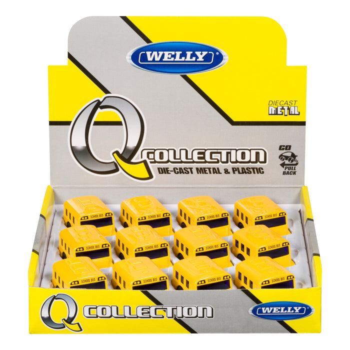 A display box of Rollin' Mini School Bus by Rollin' holds ten die-cast metal and plastic models with pull-back action, arranged in two rows in bold yellow and gray packaging—perfect for any vehicle collection.