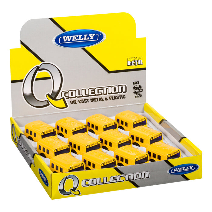 A display box labeled Rollin' holds nine Rollin' Mini School Bus die-cast models in three rows, featuring Die-Cast Metal & Plastic text on the packaging—ideal for any mini school bus or vehicle collection.