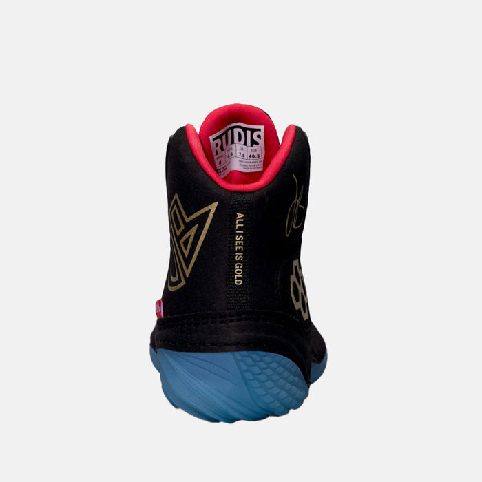 Rear view of the Rudis JB1 Adult Wrestling SHoes, Blackbird.