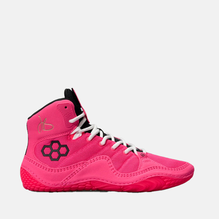 Side view of the Rudis JB1 Adult Wrestling Shoes, Flamingo Pink.