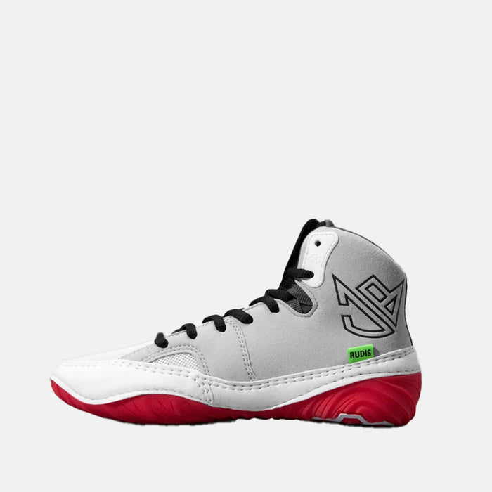 Side medial view of the Rudis JB1 Youth Wrestling Shoes, White Hot.