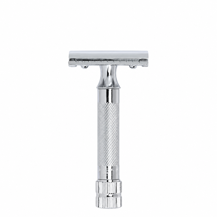 Front view of the MERKUR 34C with its short textured handle and base knob