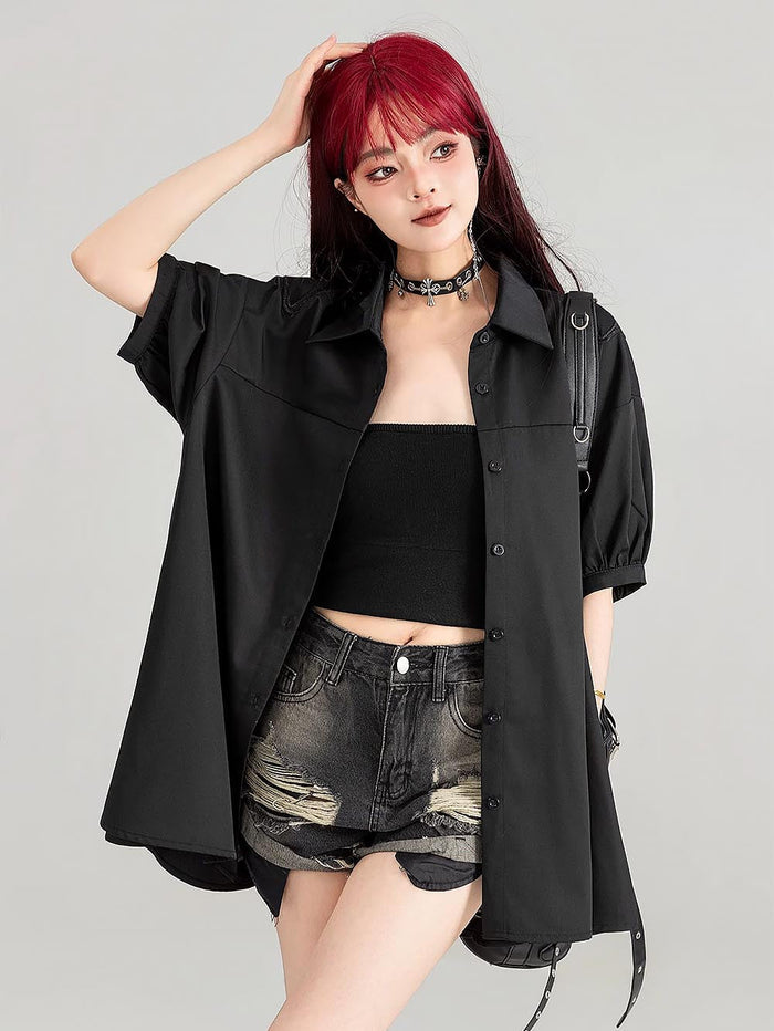 Sheer Black Short-Sleeve Shirt with Intricate Butterfly Embroidery | ZAKAPOP