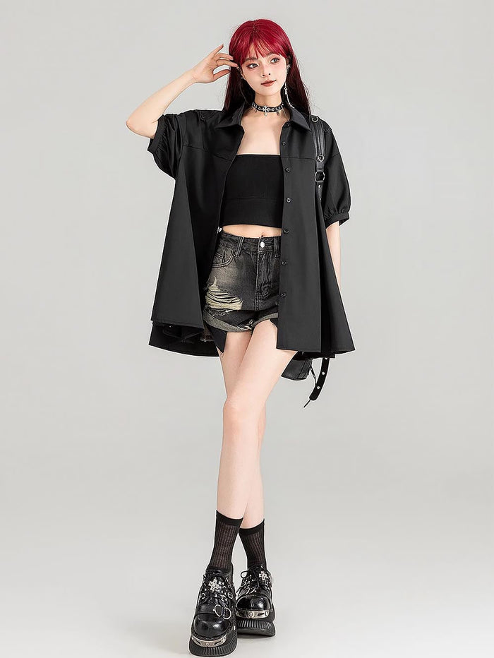 Sheer Black Short-Sleeve Shirt with Intricate Butterfly Embroidery | ZAKAPOP