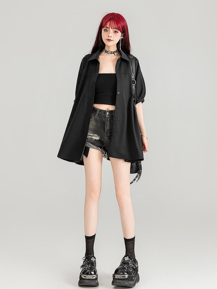 Sheer Black Short-Sleeve Shirt with Intricate Butterfly Embroidery | ZAKAPOP