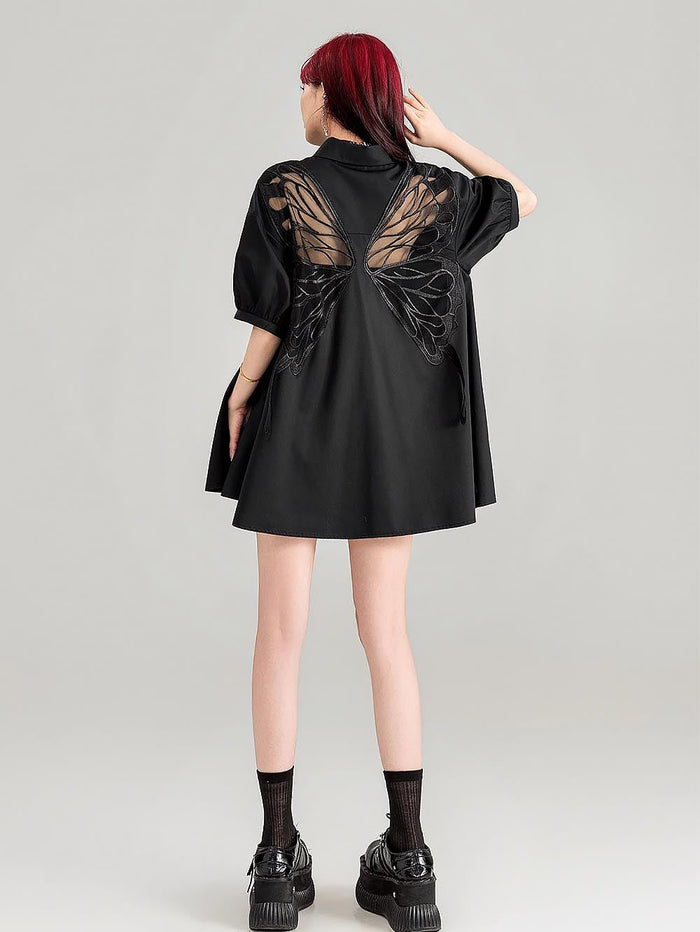 Sheer Black Short-Sleeve Shirt with Intricate Butterfly Embroidery | ZAKAPOP