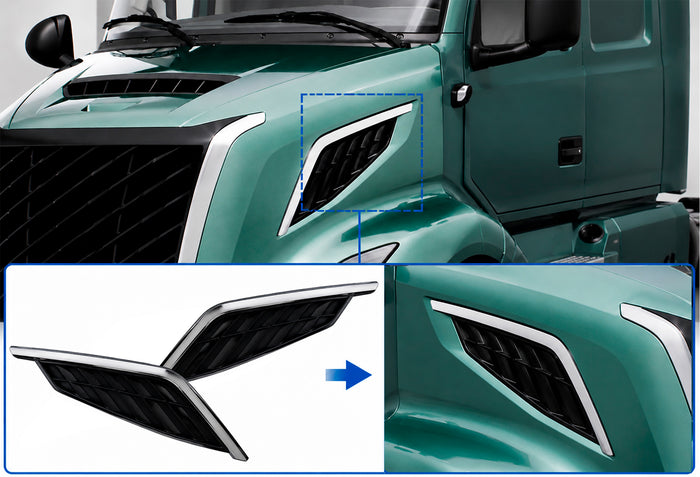 Side Hood Grille Vents Black with Chrome Stripe Set 2025+ Volvo VN VNL New