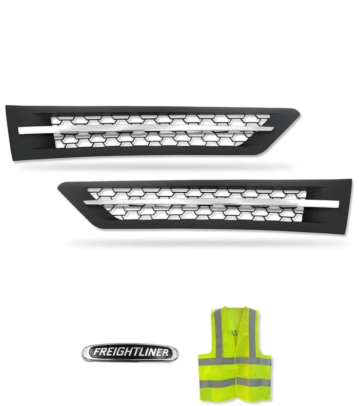 Side Hood Vents Black with Chrome Stripe Set 2018+ Freightliner Cascadia 116 126