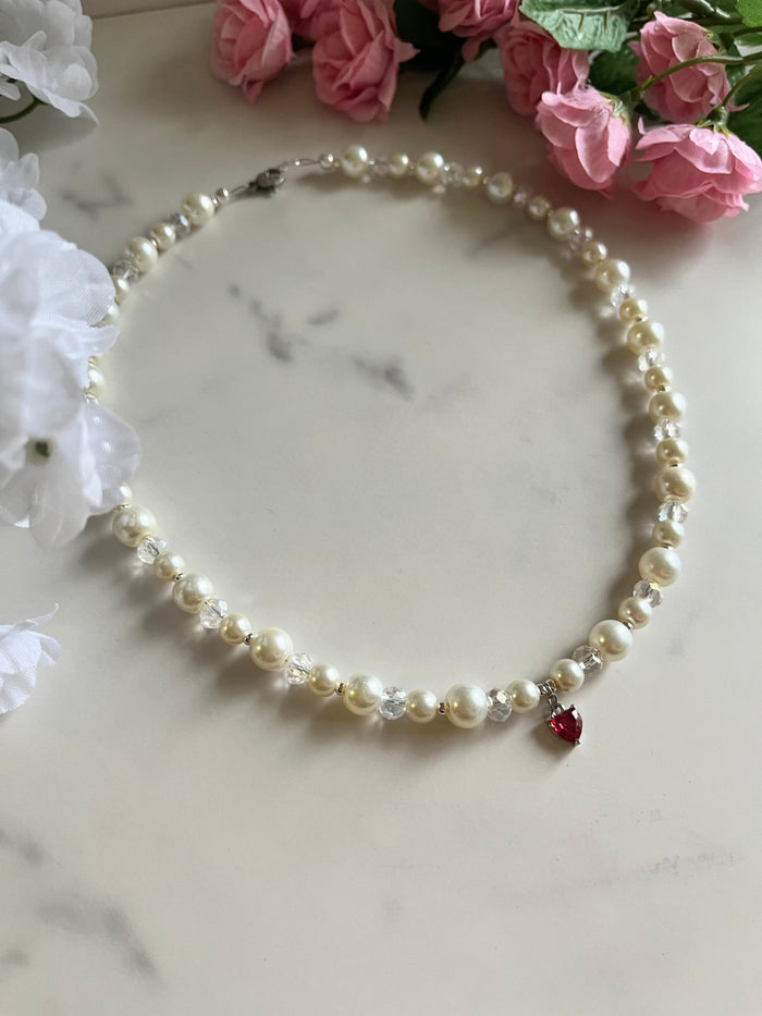 Silver Necklace Heart Pendant Glass & Pearl